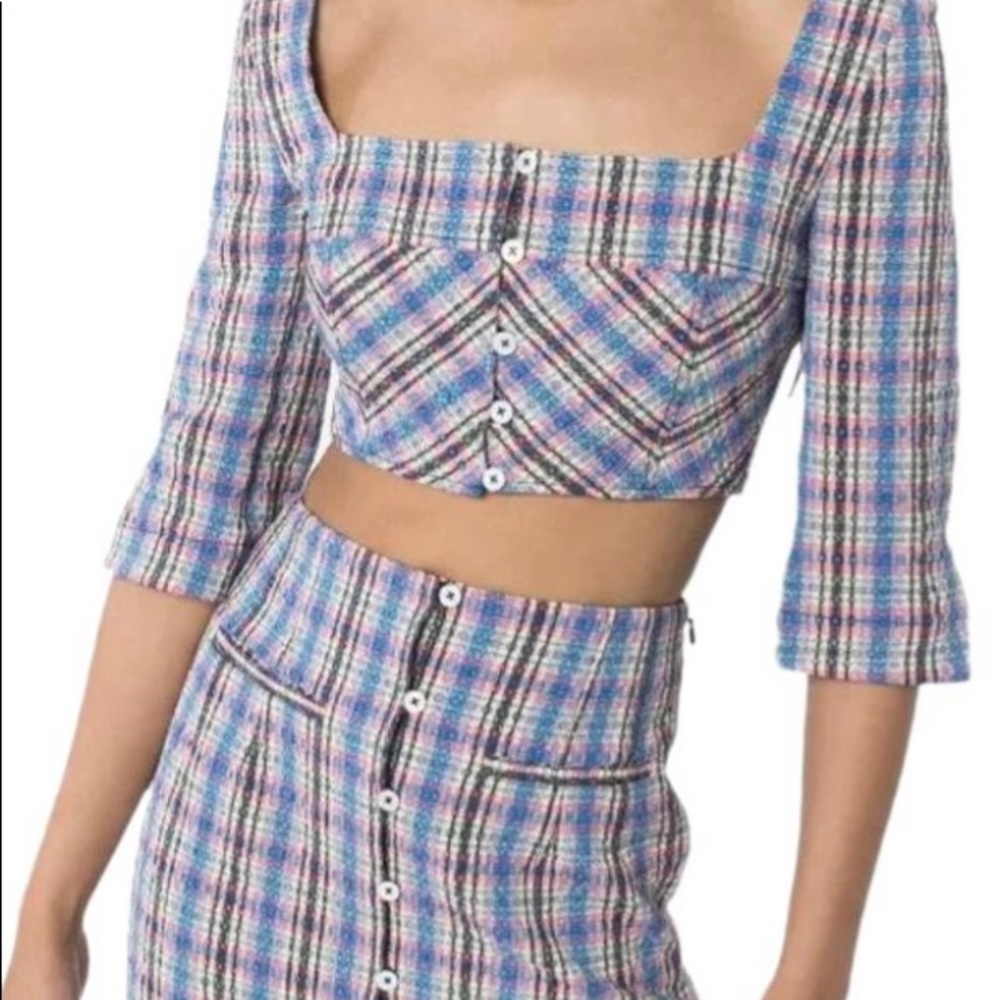 Rosie Assoulin 3/4 Sleeve Crop Top in Bubbly Tweed Plaid